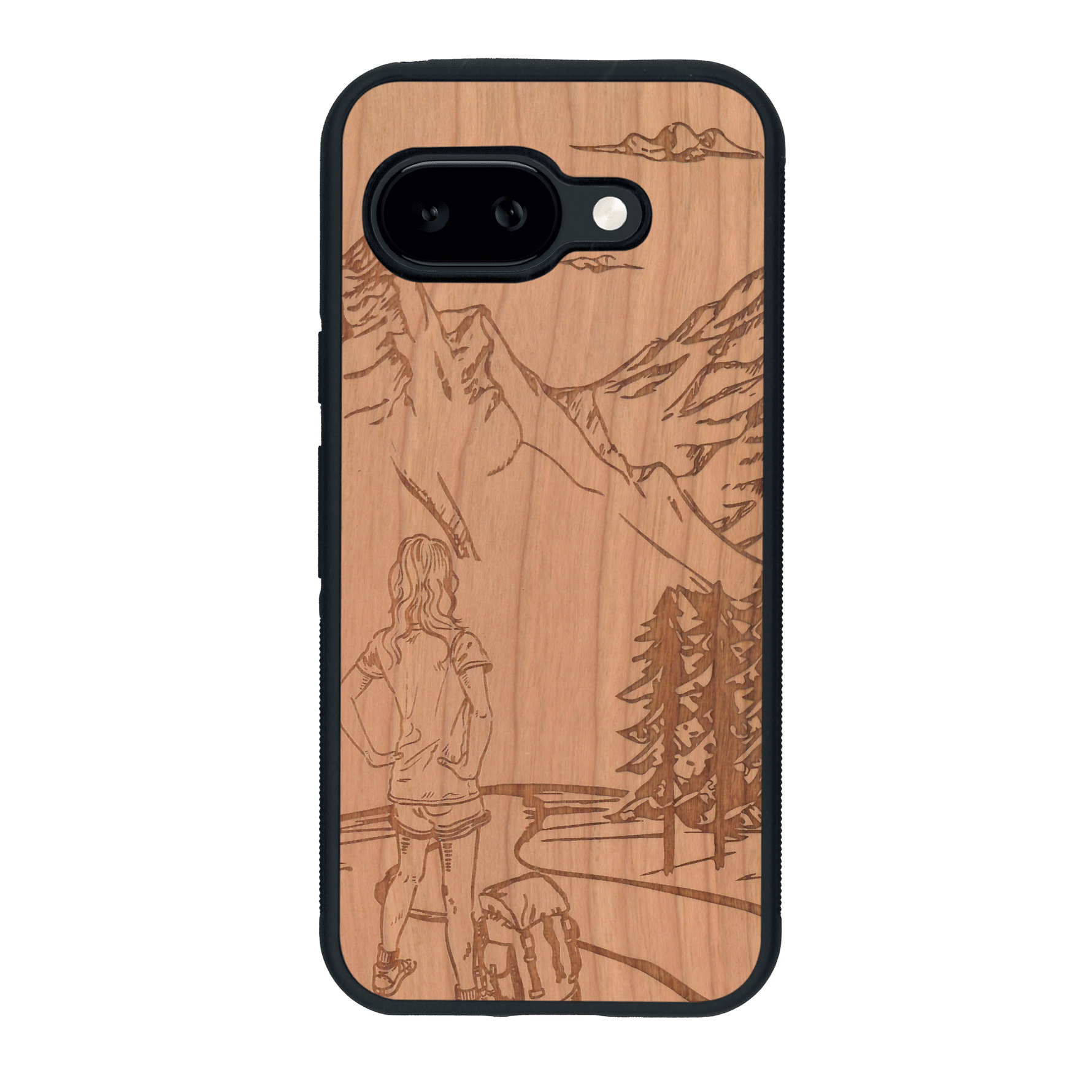 Coque de protection en bois véritable fabriquée en France pour Google Pixel 9A sur le thème de la randonnée en montagne et de l'aventure avec une gravure représentant une femme de dos face à un paysage de nature
