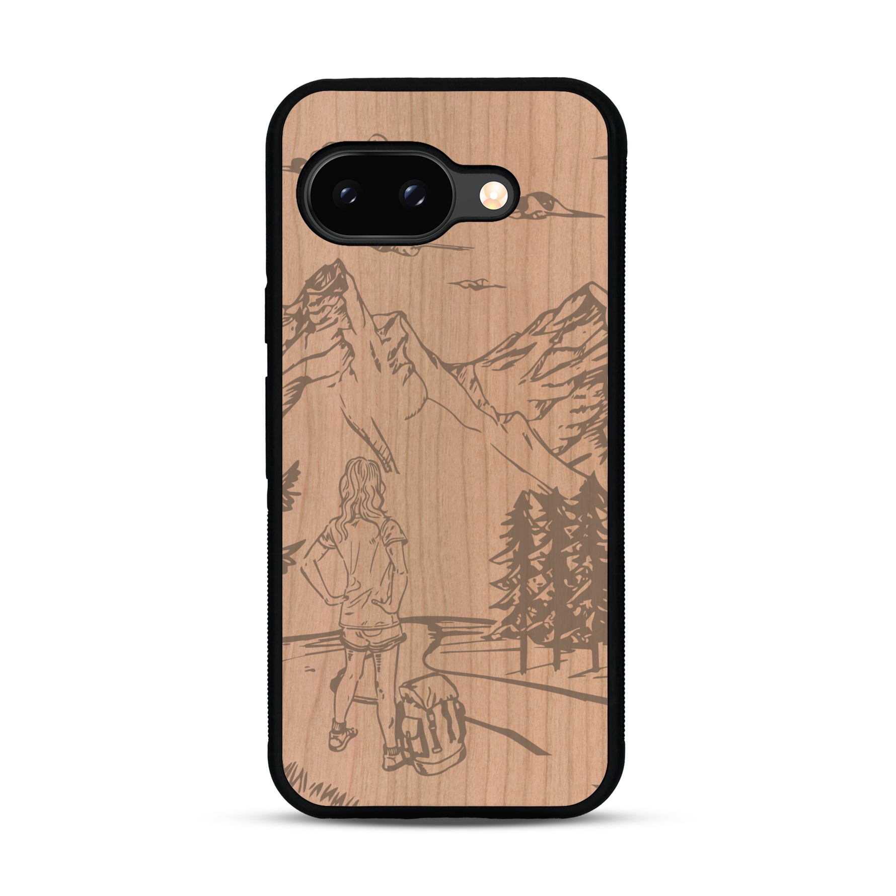 Coque de protection en bois véritable fabriquée en France pour  sur le thème de la randonnée en montagne et de l'aventure avec une gravure représentant une femme de dos face à un paysage de nature