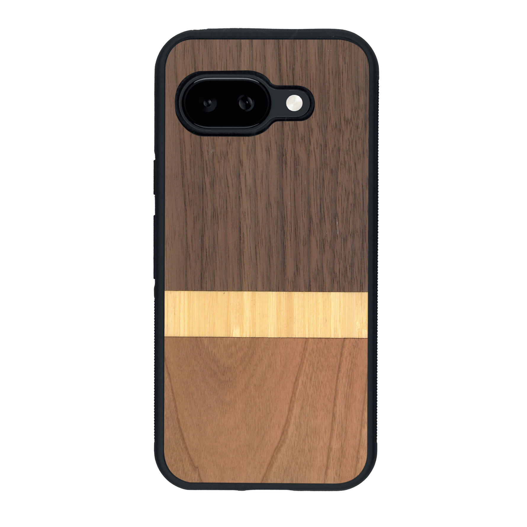 Coque de protection en bois véritable fabriquée en France pour Google Pixel 9A alliant des bandes horizontales de bambou, merisier et noyer
