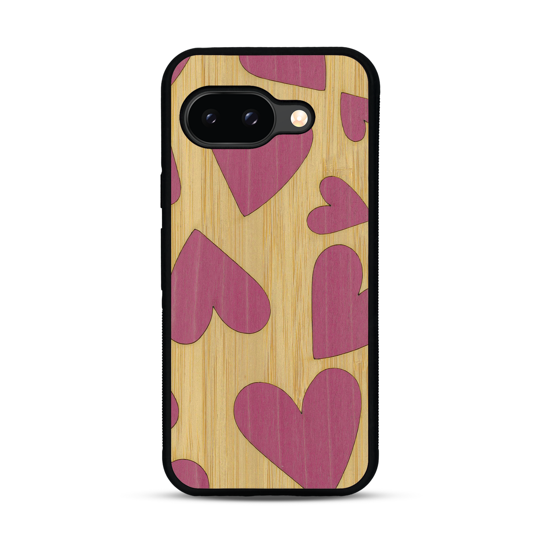 Coque de protection en bois véritable fabriquée en France pour  alliant plusieurs essences de bois pour représenter des coeurs pour les amoureux