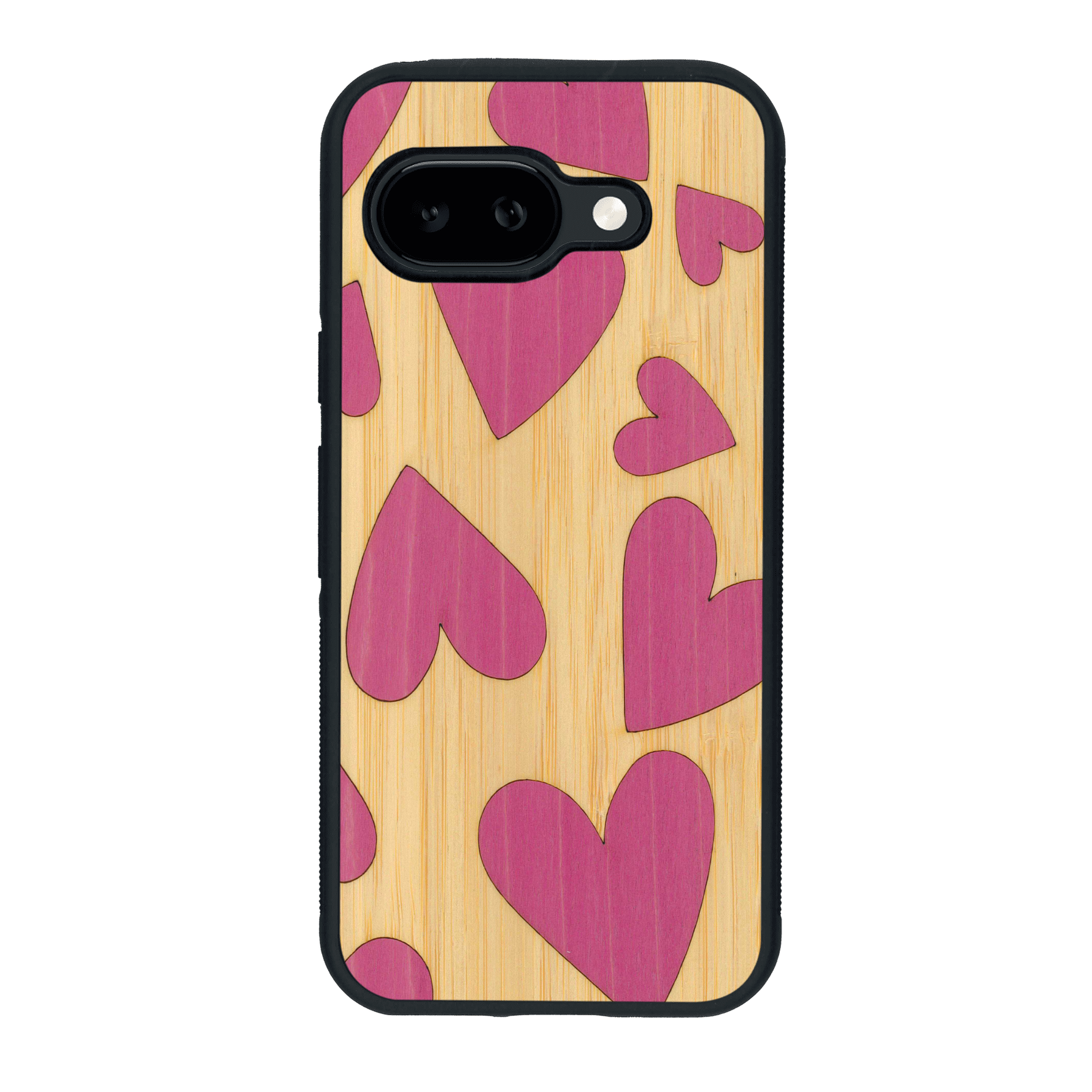 Coque de protection en bois véritable fabriquée en France pour Google Pixel 9A alliant plusieurs essences de bois pour représenter des coeurs pour les amoureux