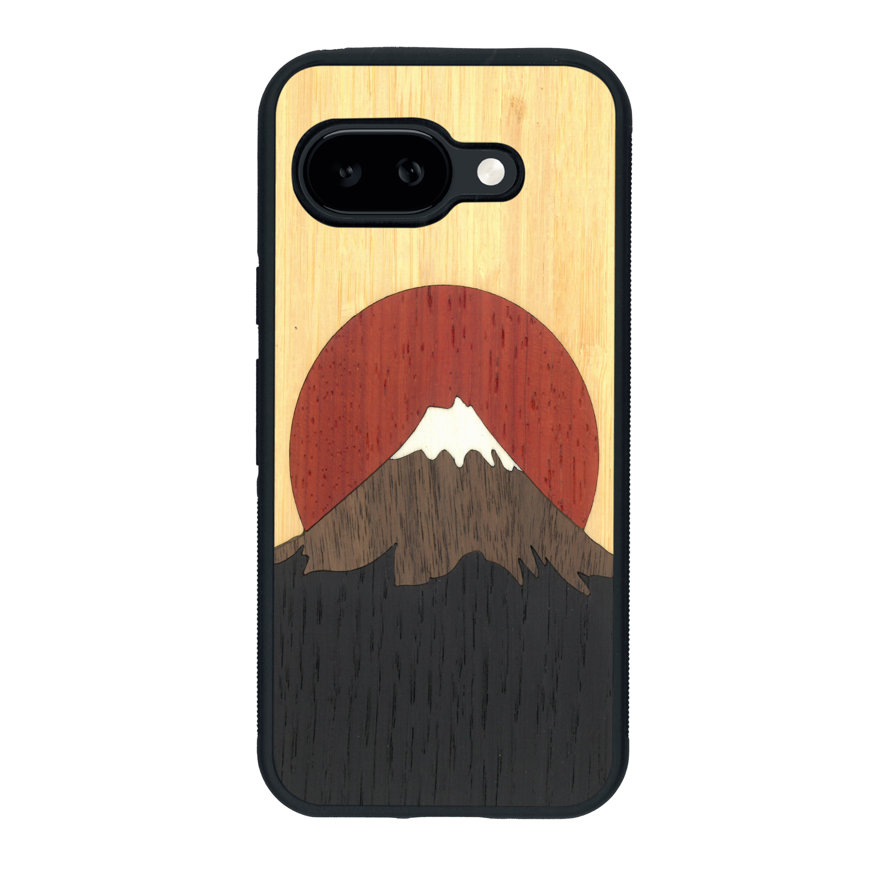 Coque de protection en bois véritable fabriquée en France pour Google Pixel 9A alliant plusieurs essences de bois pour représenter le mont Fuji