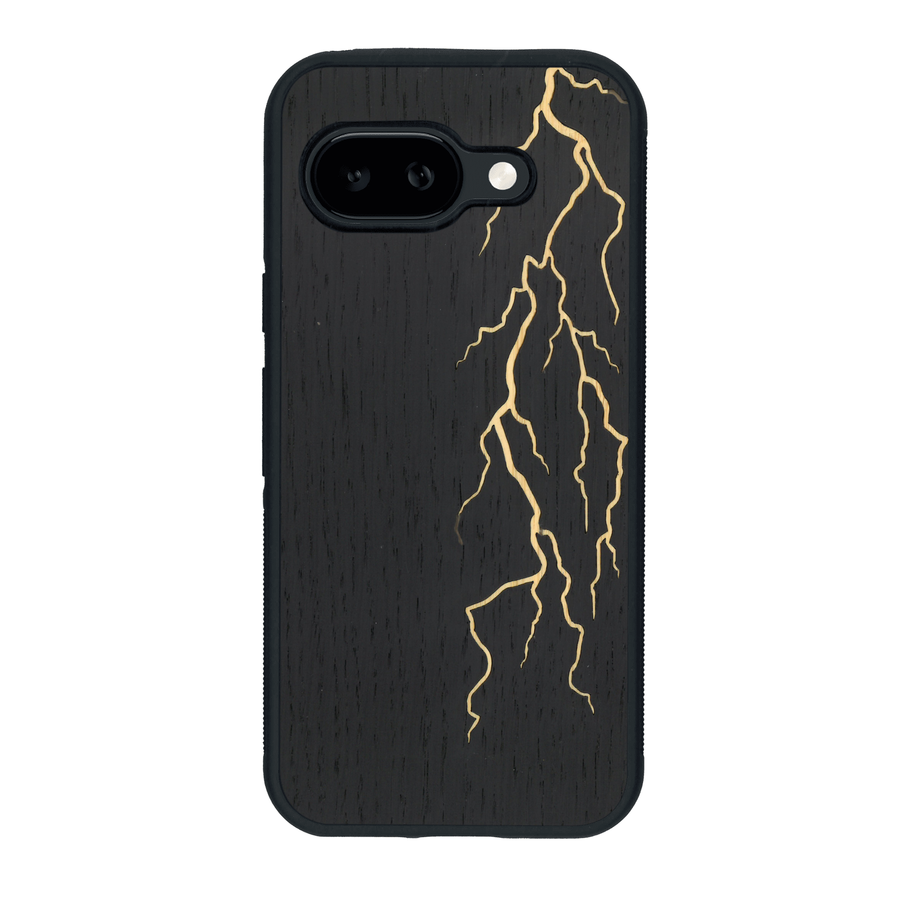 Coque de protection en bois véritable fabriquée en France pour Google Pixel 9A alliant plusieurs essences de bois pour représenter un éclair divin
