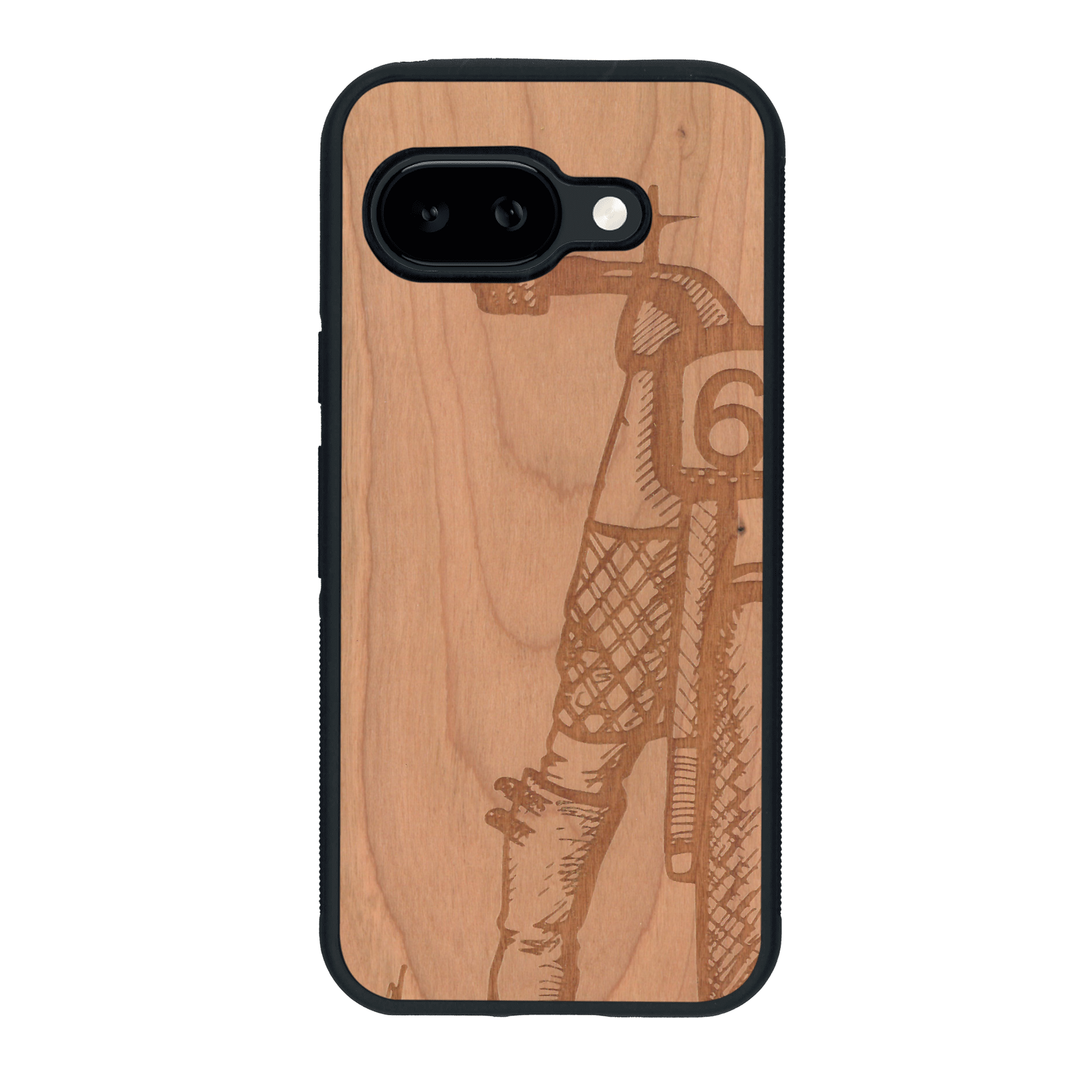 Coque de protection en bois véritable fabriquée en France pour Google Pixel 9A représentant une vue de face d'une femme sur une moto vintage dessinée à la main par l'artiste Maud Dabs