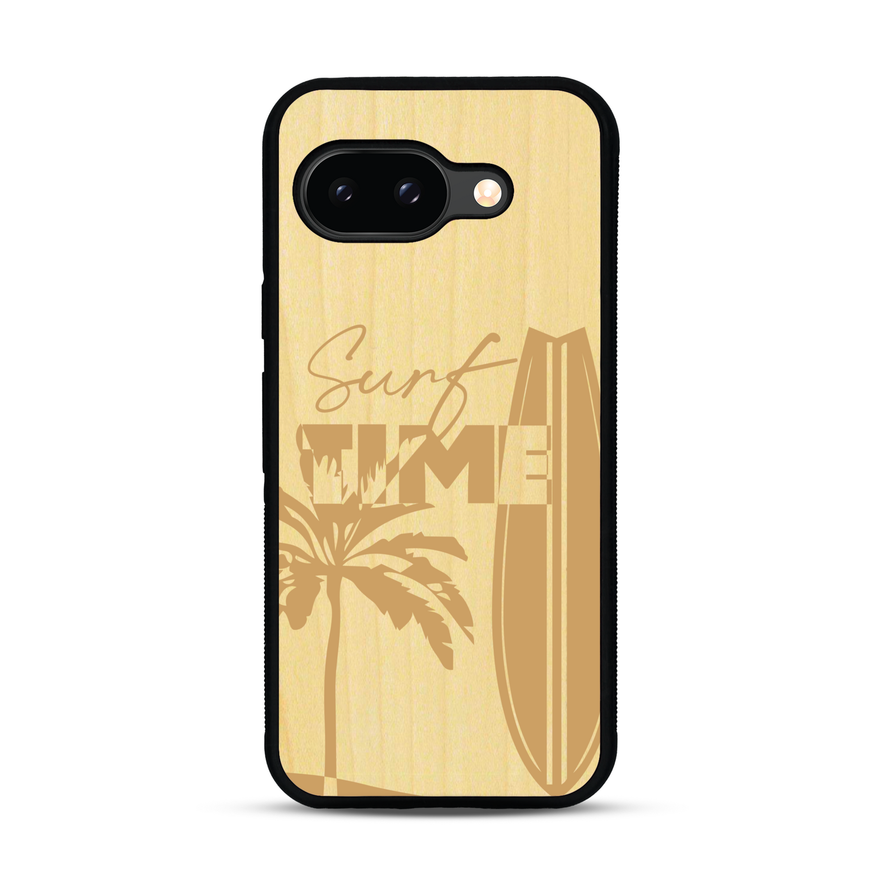 Coque de protection en bois véritable fabriquée en France pour  sur le thème chill avec un motif représentant une silouhette tenant une planche de surf sur une plage entouré de palmiers et les mots "Surf Time Long Beach Miami"