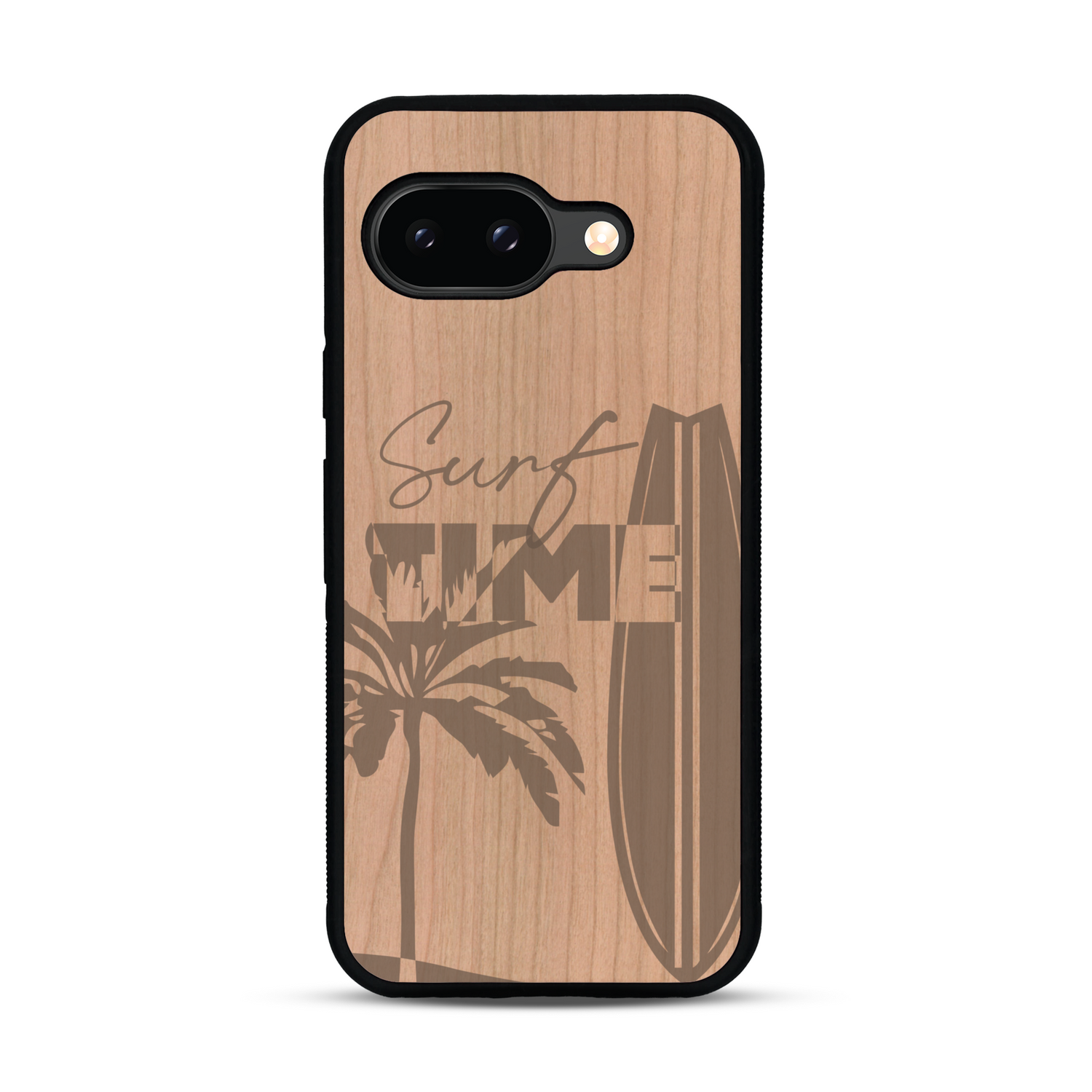 Coque de protection en bois véritable fabriquée en France pour  sur le thème chill avec un motif représentant une silouhette tenant une planche de surf sur une plage entouré de palmiers et les mots "Surf Time Long Beach Miami"