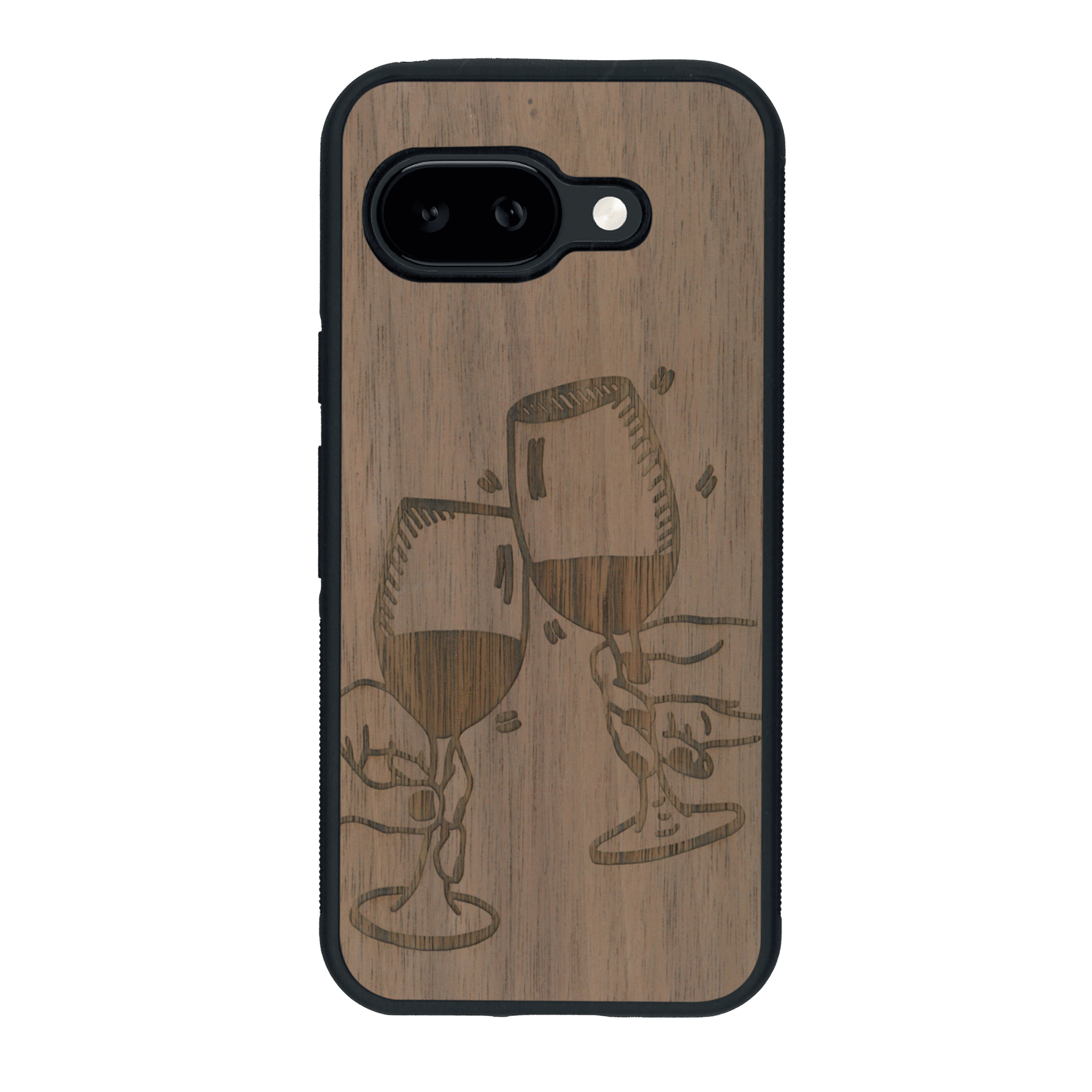 Coque de protection en bois véritable fabriquée en France pour Google Pixel 9A représentant une vue de face d'une flute de champagne dessinée à la main par l'artiste Maud Dabs