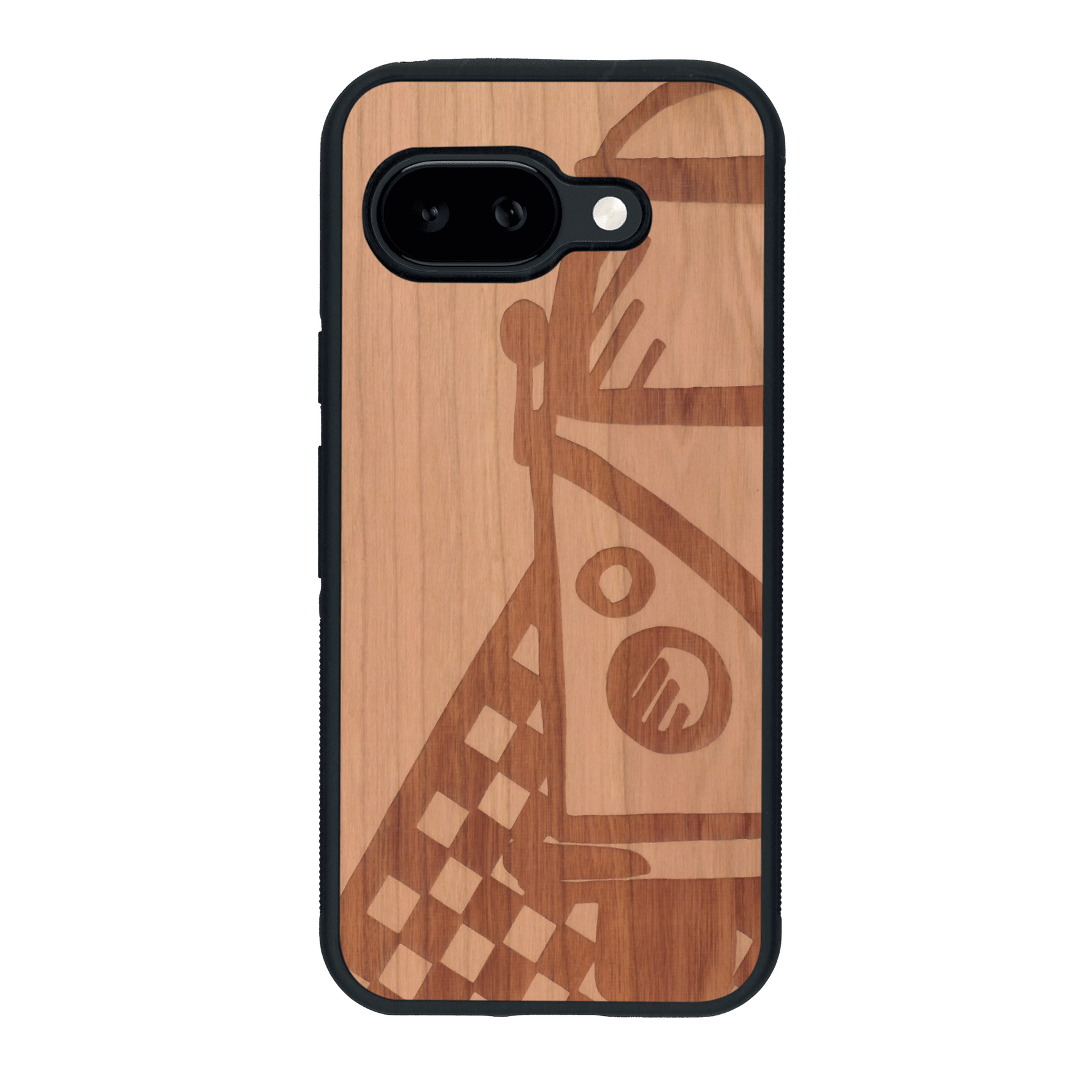Coque de protection en bois véritable fabriquée en France pour Google Pixel 9A sur le thème du voyage avec un van combi