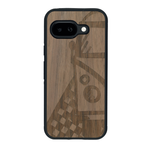 Coque de protection en bois véritable fabriquée en France pour Google Pixel 9A sur le thème du voyage avec un van combi