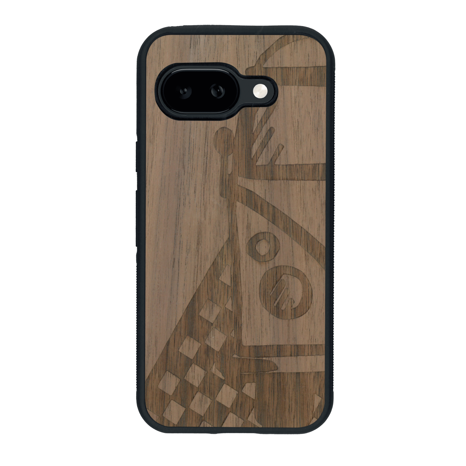 Coque de protection en bois véritable fabriquée en France pour Google Pixel 9A sur le thème du voyage avec un van combi
