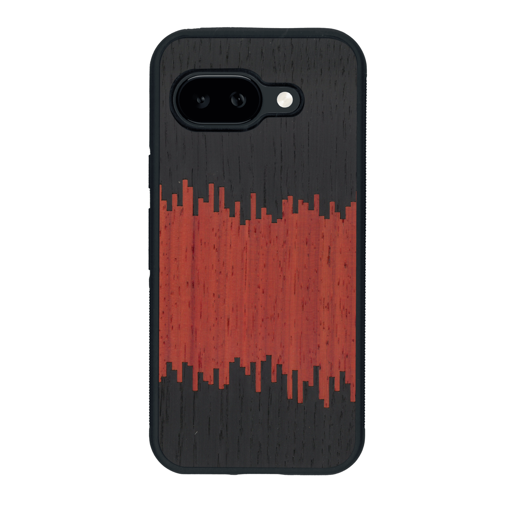 Coque de protection en bois véritable fabriquée en France pour Google Pixel 9A alliant plusieurs essences de bois pour représenter du magma en fusion