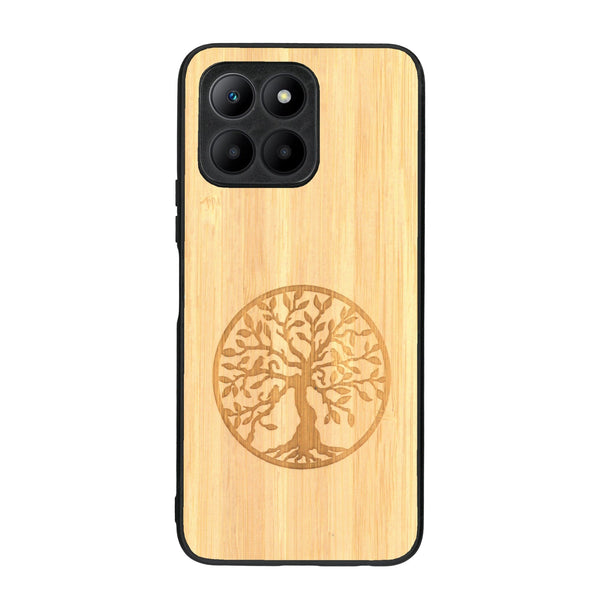 Coque de protection en bois véritable fabriquée en France pour Honor 70 Lite sur le thème de la spiritualité et du yoga avec une gravure zen représentant un arbre de vie
