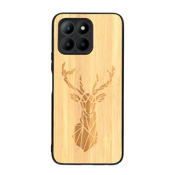 Coque de protection en bois véritable fabriquée en France pour Honor 70 Lite sur le thème de la nature et des animaux représentant une tête de cerf gométrique avec un design moderne et minimaliste