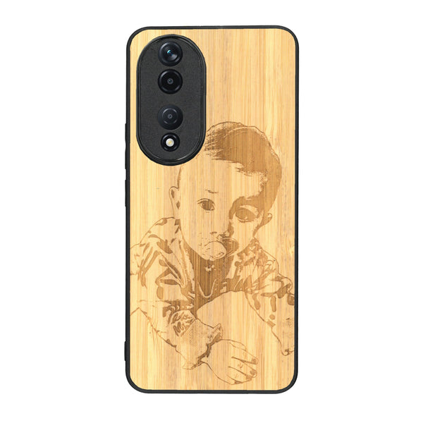 Coque de protection en bois véritable fabriquée en France pour Honor 90 avec gravure personnalisée à partir d'une photo, d'une image, d'un logo, des initials ou d'une phrase