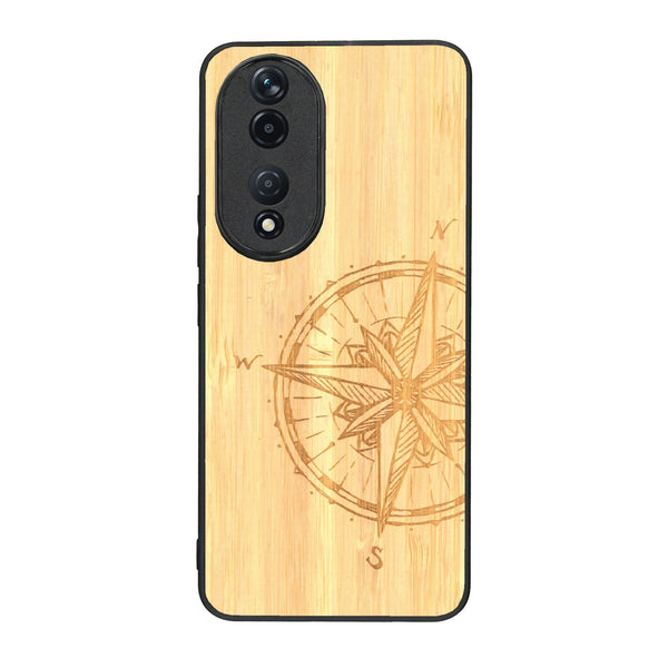 Coque de protection en bois véritable fabriquée en France pour Honor 90 avec une gravure "rose des vents" sur le thème nautique et de l'océan qui s'inspire des boussoles de pirate
