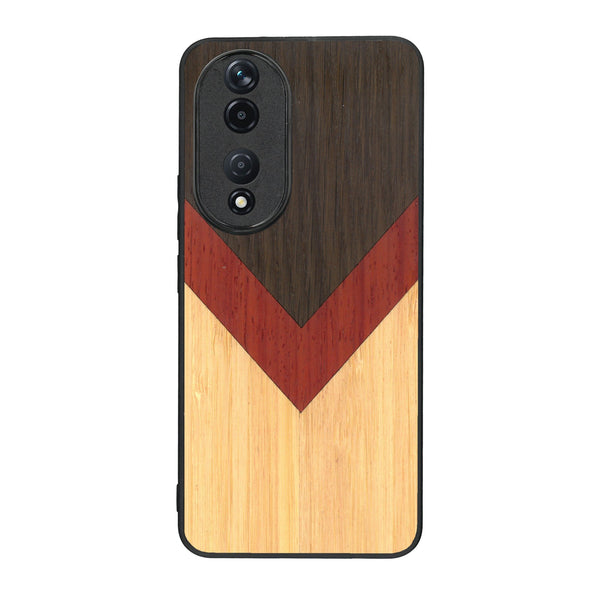 Coque de protection en bois véritable fabriquée en France pour Honor 90 alliant du chêne fumé, du padouk et du bambou en forme de chevron sur le thème de l'art abstrait