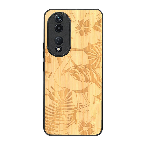 Coque de protection en bois véritable fabriquée en France pour Honor 90 sur le thème de la nature et des animaux représentant un flamant rose entre des fougères
