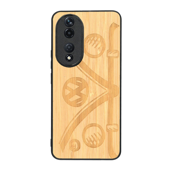Coque de protection en bois véritable fabriquée en France pour Honor 90 sur le thème de l'automobile avec un van combi