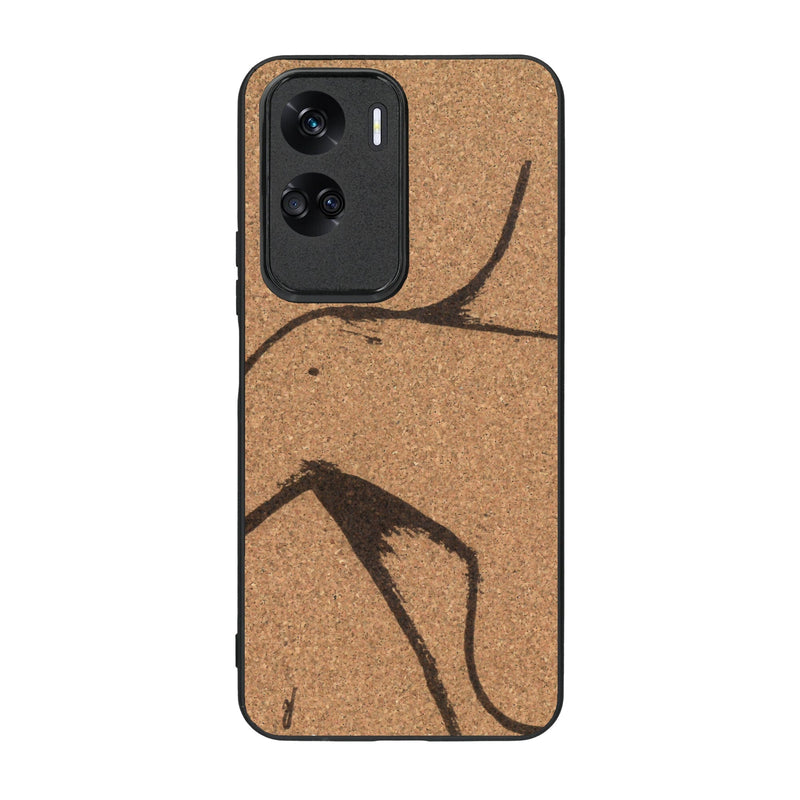Coque de protection en bois véritable fabriquée en France pour Honor 90 Lite représentant une silhouette féminine dessinée à la main par l'artiste Maud Dabs