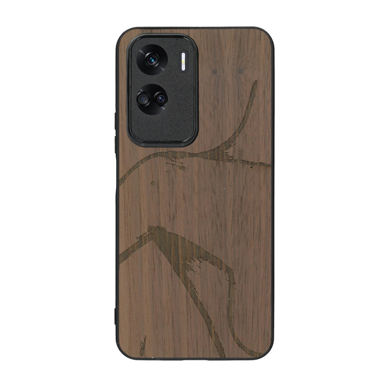 Coque de protection en bois véritable fabriquée en France pour Honor 90 Lite représentant une silhouette féminine dessinée à la main par l'artiste Maud Dabs