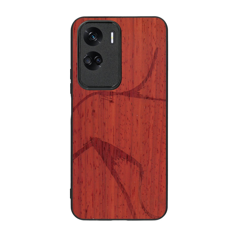 Coque de protection en bois véritable fabriquée en France pour Honor 90 Lite représentant une silhouette féminine dessinée à la main par l'artiste Maud Dabs