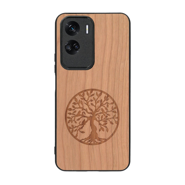 Coque de protection en bois véritable fabriquée en France pour Honor 90 Lite sur le thème de la spiritualité et du yoga avec une gravure zen représentant un arbre de vie