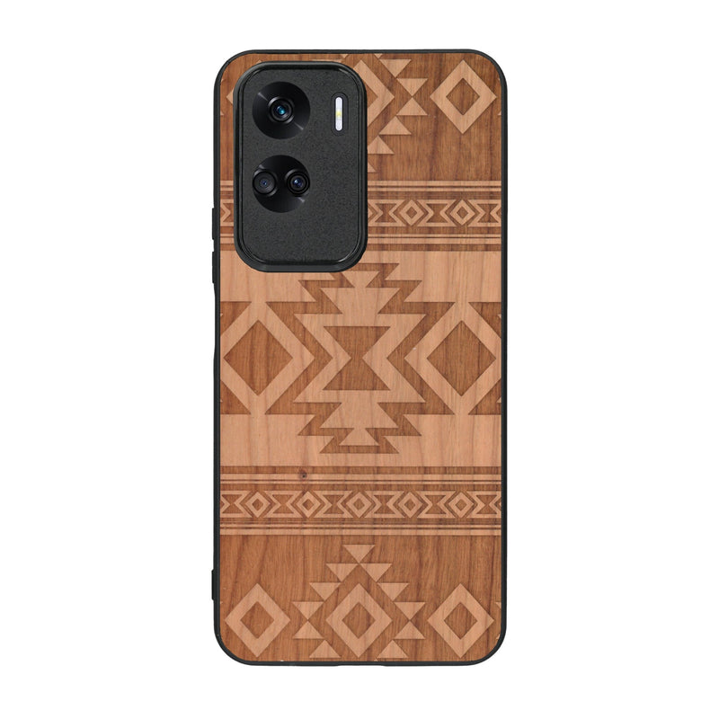 Coque de protection en bois véritable fabriquée en France pour Honor 90 Lite avec des motifs géométriques s'inspirant des temples aztèques, mayas et incas