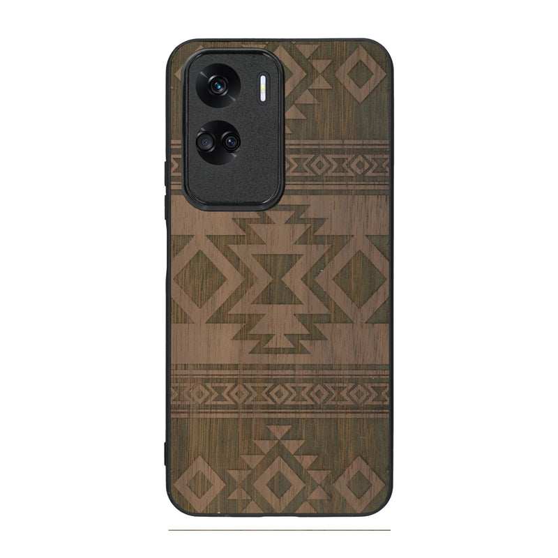 Coque de protection en bois véritable fabriquée en France pour Honor 90 Lite avec des motifs géométriques s'inspirant des temples aztèques, mayas et incas