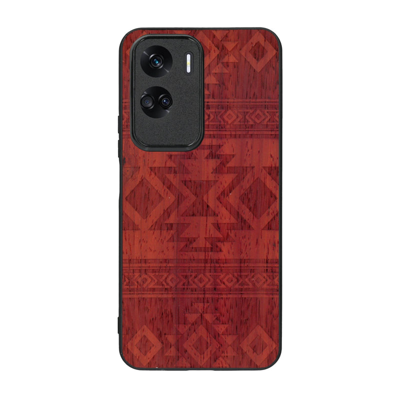 Coque de protection en bois véritable fabriquée en France pour Honor 90 Lite avec des motifs géométriques s'inspirant des temples aztèques, mayas et incas