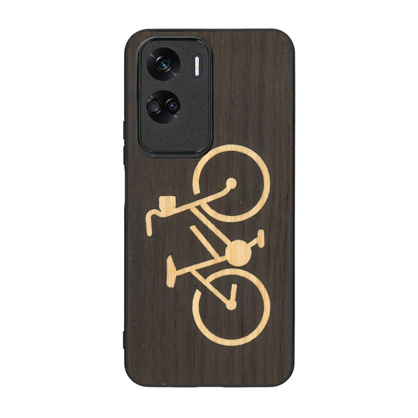 Coque de protection en bois véritable fabriquée en France pour Honor 90 Lite sur le theme du vélo et de l'outdoor qui allie du bambou et du chêne fumé représentant un vélo