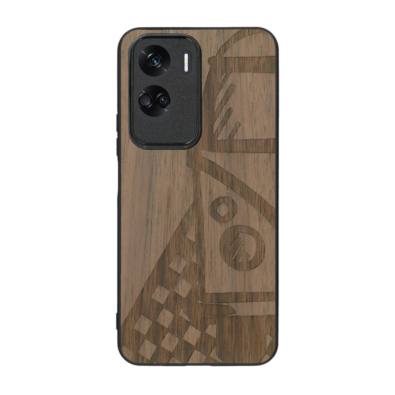 Coque de protection en bois véritable fabriquée en France pour Honor 90 Lite sur le thème du voyage avec un van combi