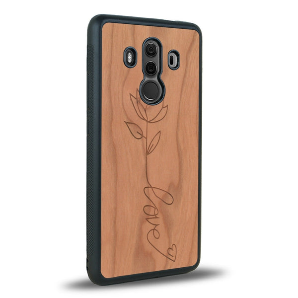 Coque de protection en bois véritable fabriquée en France pour Huawei Mate 10 Pro sur le thème de la fête des mères avec un motif représentant une fleur dont la tige forme le mot "love"