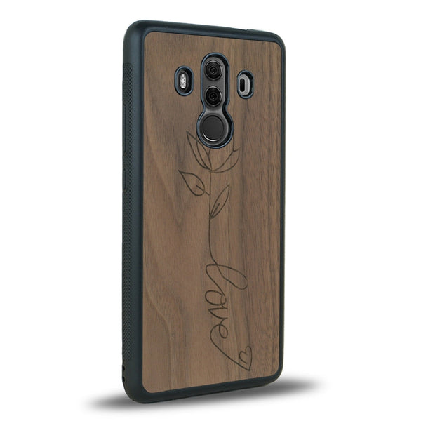 Coque de protection en bois véritable fabriquée en France pour Huawei Mate 10 Pro sur le thème de la fête des mères avec un motif représentant une fleur dont la tige forme le mot "love"