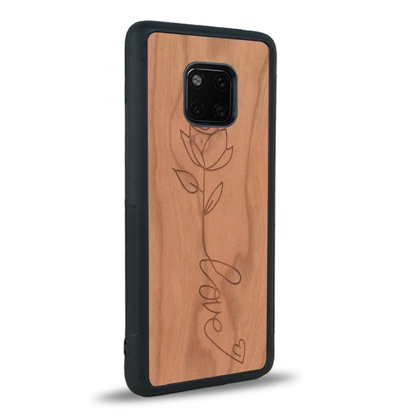 Coque de protection en bois véritable fabriquée en France pour Huawei Mate 20 Pro sur le thème de la fête des mères avec un motif représentant une fleur dont la tige forme le mot "love"