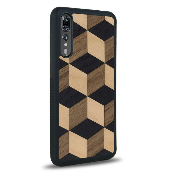 Coque de protection en bois véritable fabriquée en France pour Huawei P20 alliant plusieurs essences de bois pour représenter un classique intemporel de la marqueterie