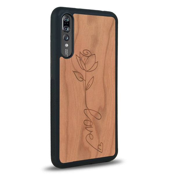 Coque de protection en bois véritable fabriquée en France pour Huawei P20 Pro sur le thème de la fête des mères avec un motif représentant une fleur dont la tige forme le mot "love"