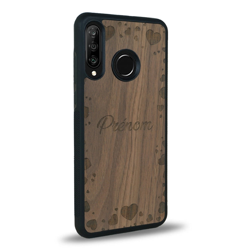 Coque de protection en bois véritable fabriquée en France pour Huawei P30 Lite sur le thème de la fête des mères avec un motif représentant des coeurs et des feuilles