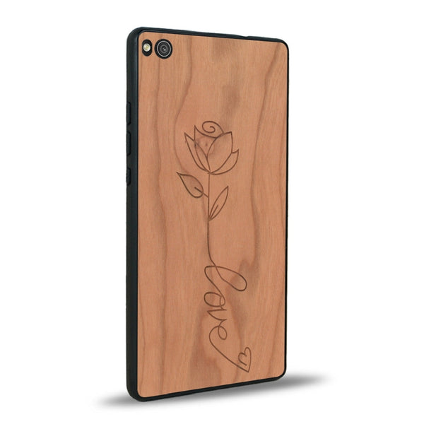 Coque de protection en bois véritable fabriquée en France pour Huawei P8 sur le thème de la fête des mères avec un motif représentant une fleur dont la tige forme le mot "love"