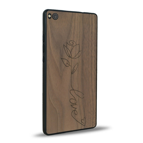 Coque de protection en bois véritable fabriquée en France pour Huawei P8 sur le thème de la fête des mères avec un motif représentant une fleur dont la tige forme le mot "love"