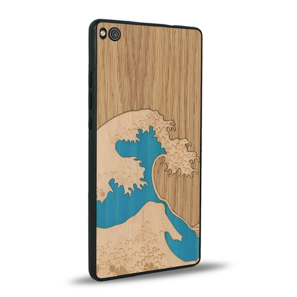 Coque de protection en bois véritable fabriquée en France pour Huawei P8 alliant plusieurs essences de bois pour représenter la célèbre grande vague de Kanagawa