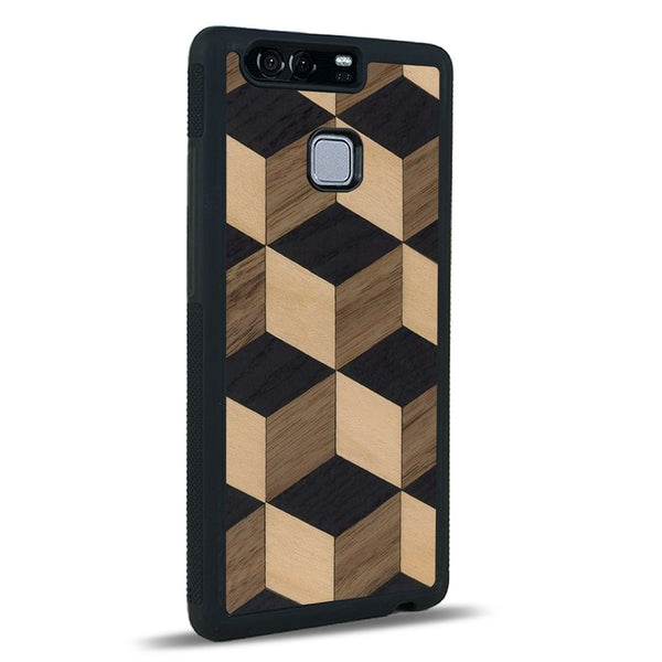 Coque de protection en bois véritable fabriquée en France pour Huawei P9 alliant plusieurs essences de bois pour représenter un classique intemporel de la marqueterie