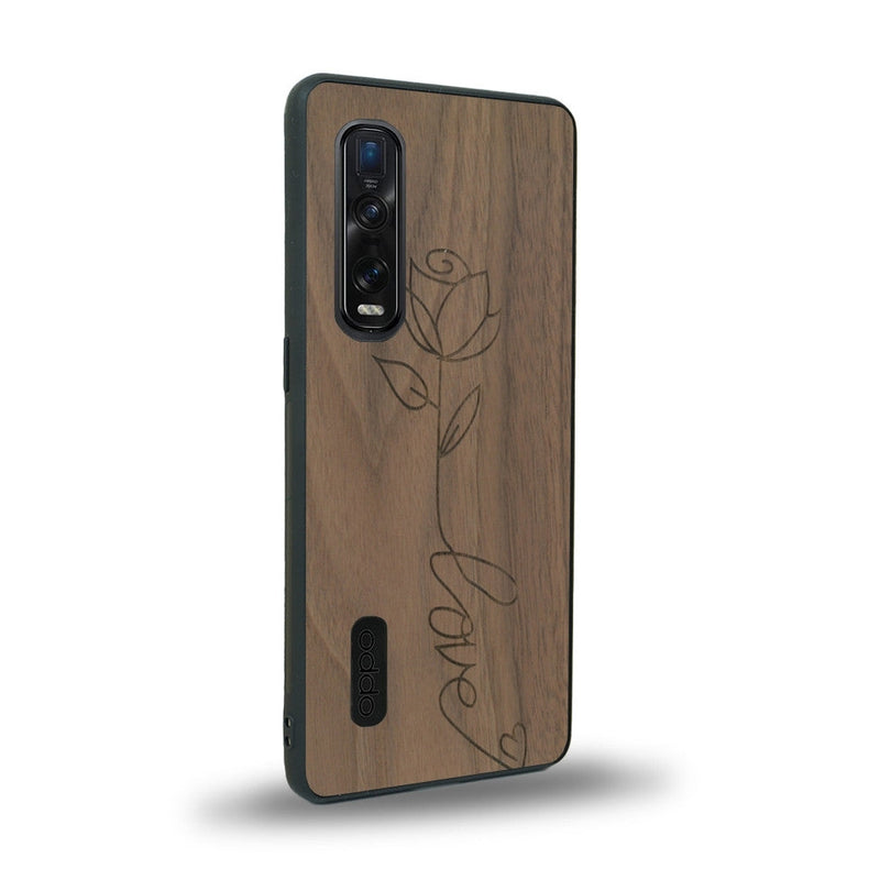 Coque de protection en bois véritable fabriquée en France pour Oppo Find X2 Pro sur le thème de la fête des mères avec un motif représentant une fleur dont la tige forme le mot "love"