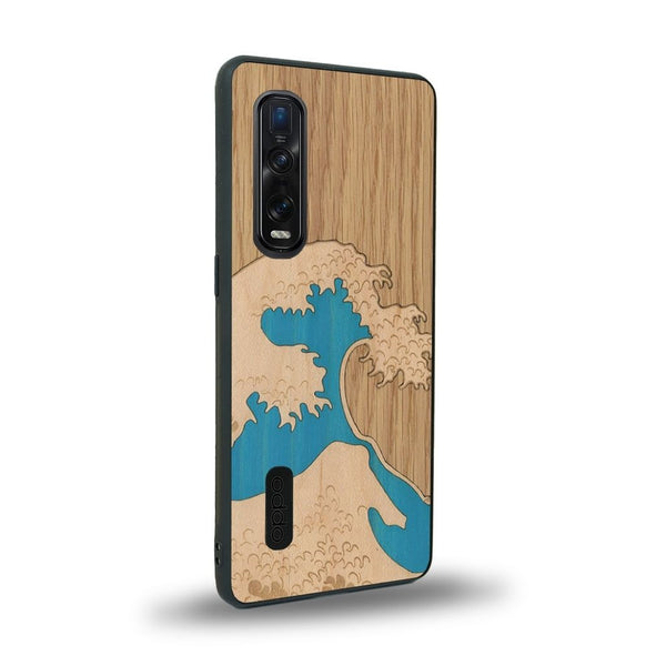 Coque de protection en bois véritable fabriquée en France pour Oppo Find X2 Pro alliant plusieurs essences de bois pour représenter la célèbre grande vague de Kanagawa