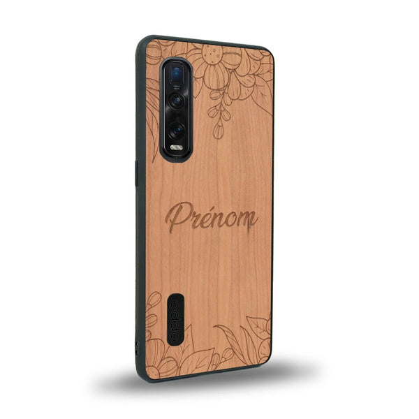 Coque de protection en bois véritable fabriquée en France pour Oppo Find X2 Pro sur le thème de la fête des mères avec un motif représentant des fleurs et des feuilles