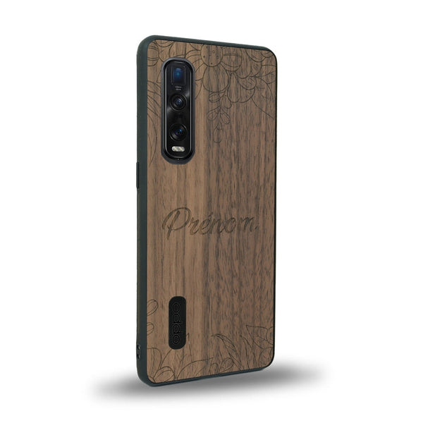 Coque de protection en bois véritable fabriquée en France pour Oppo Find X2 Pro sur le thème de la fête des mères avec un motif représentant des fleurs et des feuilles