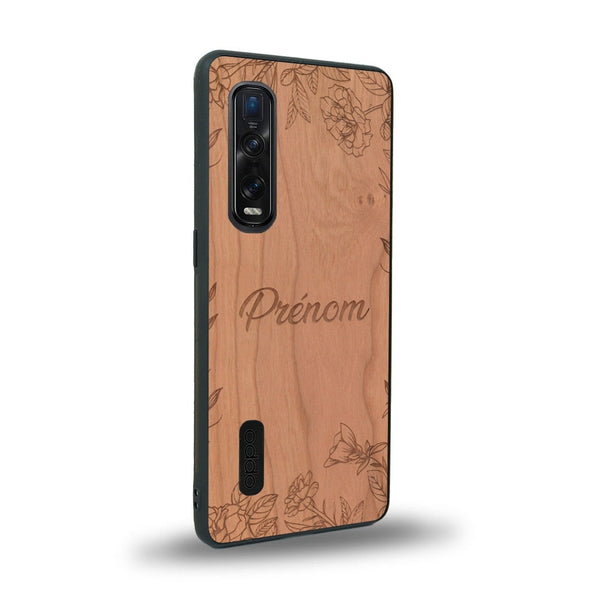 Coque de protection en bois véritable fabriquée en France pour Oppo Find X2 Pro sur le thème de la fête des mères avec un motif représentant des fleurs et des feuilles