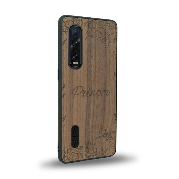 Coque de protection en bois véritable fabriquée en France pour Oppo Find X2 Pro sur le thème de la fête des mères avec un motif représentant des fleurs et des feuilles