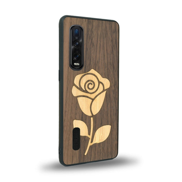 Coque de protection en bois véritable fabriquée en France pour Oppo Find X2 Pro alliant plusieurs essences de bois pour représenter une rose
