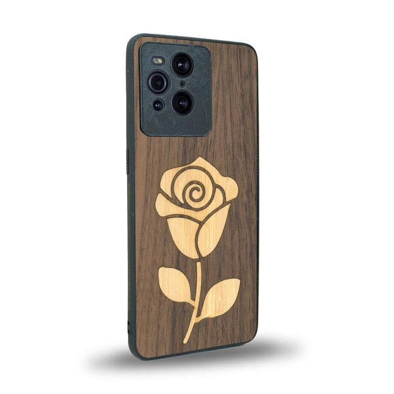 Coque de protection en bois véritable fabriquée en France pour Oppo Find X3 Pro alliant plusieurs essences de bois pour représenter une rose