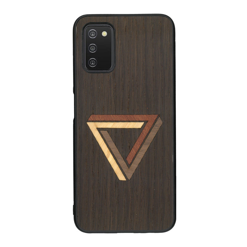 Coque de protection en bois véritable fabriquée en France pour Samsung A03S sur le thème de l'art géométrique qui allie du chêne fumé, du noyer, du bambou et du padouk représentant le triangle de penrose